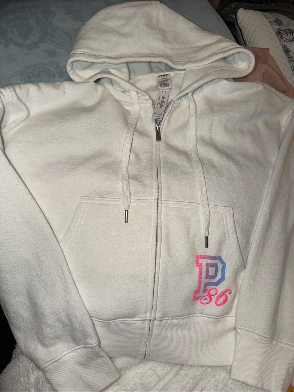 BNWT PINK Victoria's Secret White Zip-Up Hoodie with Pink & Blue 'P86' Accent